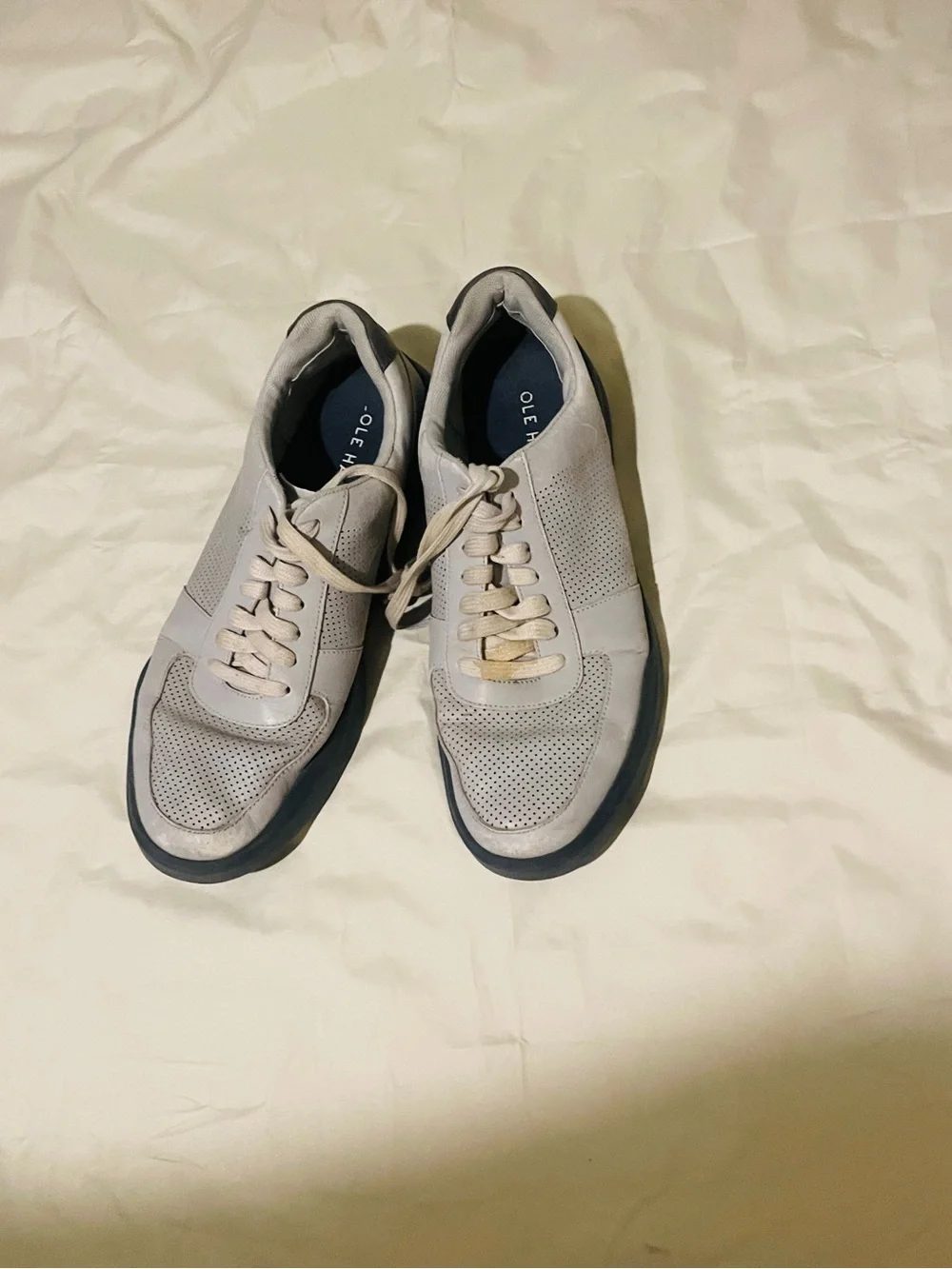 Cole Haan Men’s Light Gray Perforated Leather Sneakers with Navy Insole